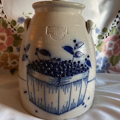 1993 Salmon Falls Stoneware Crock with Handpainted Berry Basket Motif