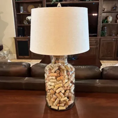 Lamp Base Glass With Wine Corks & Tan Shade