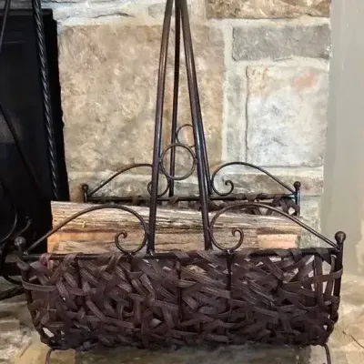 Fireplace Log Basket Metal & Woven Brown Wicker
