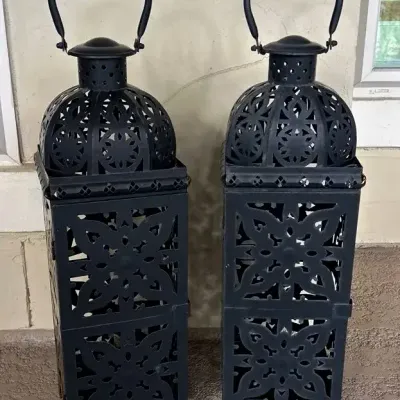 Pair Of Black Moroccan-Inspired Metal Decorative Lanterns