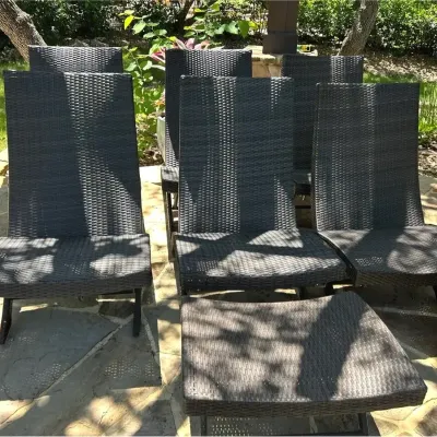 Set Of 6 Brown Resin Rattan Adjustable Chairs Plus 1 Ottoman