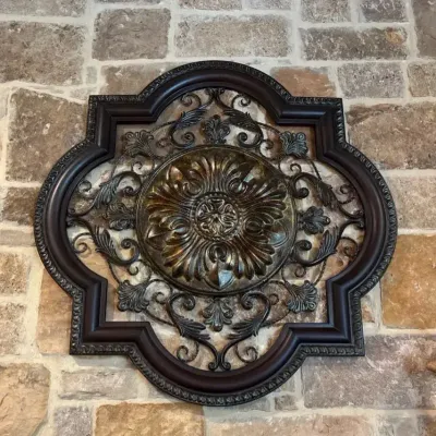 Decorative Metal Architectural Wall Medallion Bronze-Finished Dark 4 Lobed Frame 
