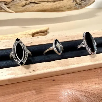 Sterling Silver Black Stone & Marcasite Ring Trio – Art Deco, Marquise & Ornate Statement Designs