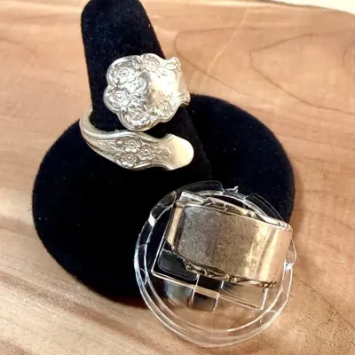 Vintage-Style Silver-Tone Spoon Ring & Wide Mixed-Metal Statement Band – Floral Repoussé Jewelry