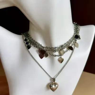 Romantic Silver-Tone Heart Jewelry – Layered Charm Necklace, Heart Pendant & Coordinating Earrings