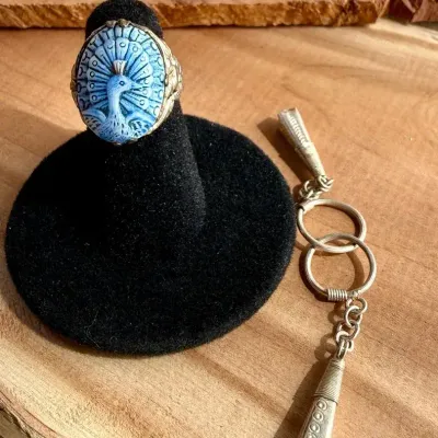 Blue Peacock Cameo Statement Ring & Artisan Silver-Tone Double Ring Dangle Jewelry