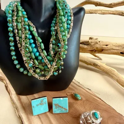 Turquoise Ensemble: Multi-Strand Beaded Necklace, Statement Ring, Square Earrings & Pendant