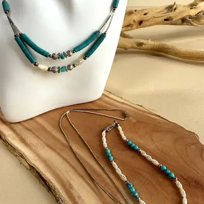 Turquoise & Sterling Silver Necklace Duo with Turquoise & Raw Pearl Bracelet 