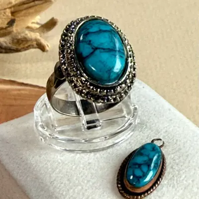Southwestern Turquoise Statement Ring & Turquoise Pendant – Silver & Copper Tone