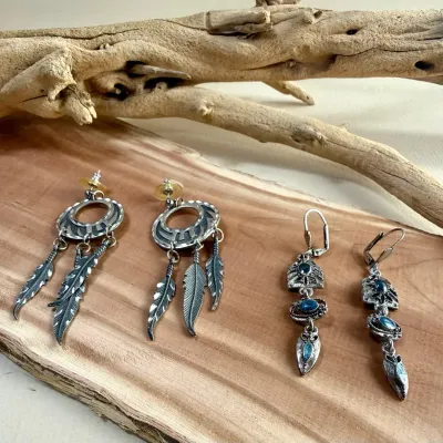 Boho Silver-Tone Dangle Earrings – Feather Dreamcatcher Style & Blue Stone Drop Pairs