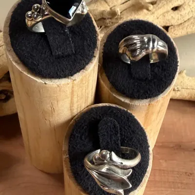 Sterling Silver Ring Trio – Black Heart, Sculptural Hand & Signed Modernist Floral Designs