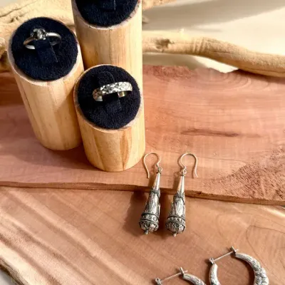 Boho Silver-Tone Jewelry  – Three Statement Rings, Ornate Drop Earrings & Embossed Hoop Earrings