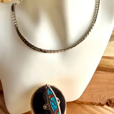 Silver-Tone Herringbone Chain Necklace & Southwestern-Style Turquoise Red Inlay Statement Ring