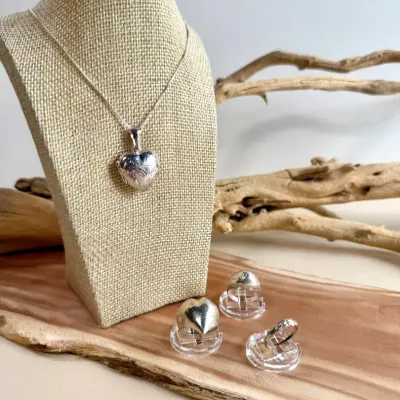 Sterling Silver Engraved Heart Locket Necklace with Three Sterling Silver Rings