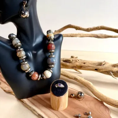 High Desert Silver – Southwestern Stone Bead Necklace, Purple Stone Ring & Earrings
