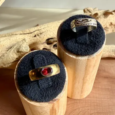 Sterling Silver & 14K Accent Ring Pair – 925 Artisan Band with Red Stone & Sterling Ring