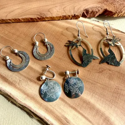 Signed Kirk Pewter Vintage Earring Collection – Hummingbird, Engraved Floral & Etched Hoop Designs
