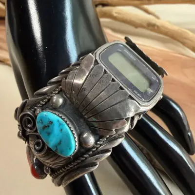 Sterling Silver Turquoise Watch Cuff Bracelet with Seiko Digital Watch