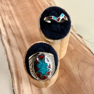 Southwest Mosaic Inlay Statement Ring & Chevron Band Duo
