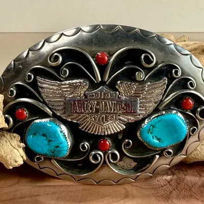 Harley-Davidson Eagle Turquoise & Red Cabochon Western Belt Buckle