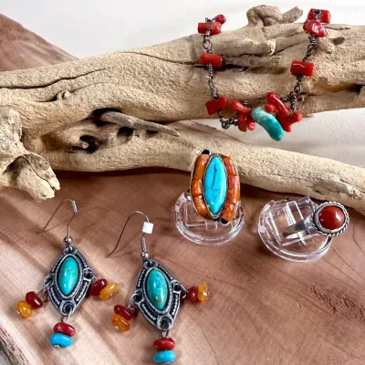 Southwestern Boho Turquoise & Coral-Style Rings, Dangle Earrings & Chunky Stone Bracelet
