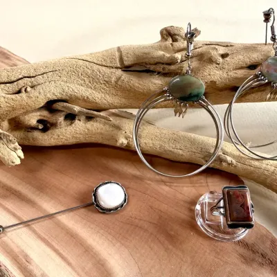 Oversized Stone Hoop Earrings, Agate-Style Statement Ring & Decorative Stick Pin