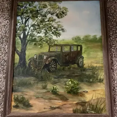 Linda Leatherman “Grandad’s Car” Oil on Canvas Framed Painting 