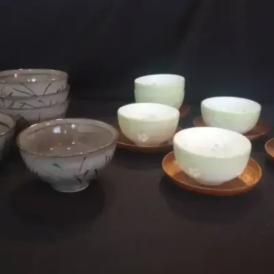 Japanese Seishu Aritaware Teacup & Rice Bowl Set, Firefly Openwork, Wood Saucers