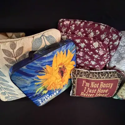 Lot of 8 Decorative Pillows & Cushions, Van Gogh Sunflower, Needlepoint & Tied Seat Cushions