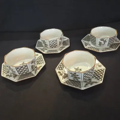 Vintage Japanese Octagonal Porcelain Tea Bowl & Saucer Set - 4 Pairs