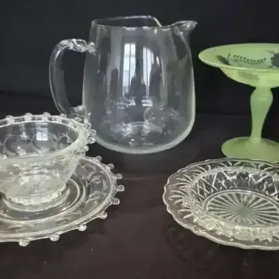 Vintage Glass Collection, Diamond H Glass Saucer & Heisey Glass Dish