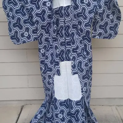 Vintage Indigo & White Japanese Cotton Yukata, Traditional Summer Kimono