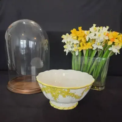 Decorative Home Lot, Italian Ceramic Bowl, Faux Daffodils & Large Glass Cloche