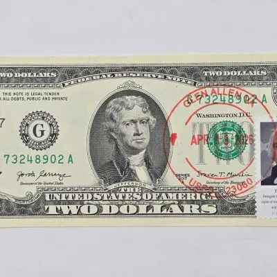 20 2017a green sealed 2 bill with john adams usa forever stamp
