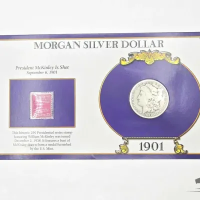 26 1901o morgan silver dollar and president mckinley is shot stamp set
