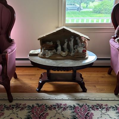 Marble topped coffee table and Nativity Scene