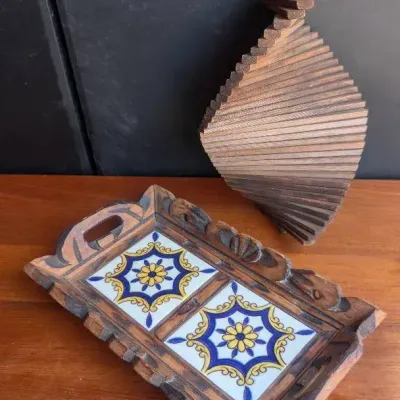 Vintage Mexican Talavera Tile Serving Tray, Mid-century Modern Wooden Kinetic Helix Wind Spinner