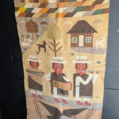 Vintage South American Hand-woven Wool or Wool-blend Pictorial folk Art Tapestry