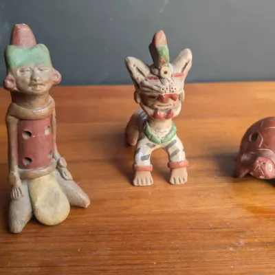 Three Handmade Mesoamerican-style Terracotta and Polychrome Ceramic Folk Art Pieces (funct. whistle)