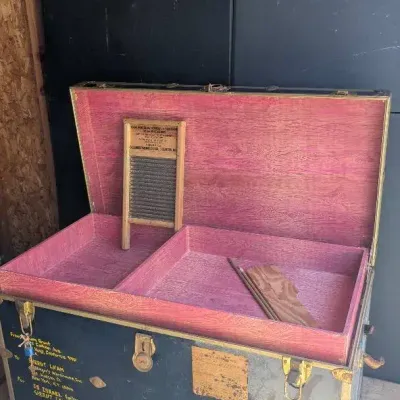 Vintage, Dark-finished Flat-top Steamer Trunk with brass-toned hardware