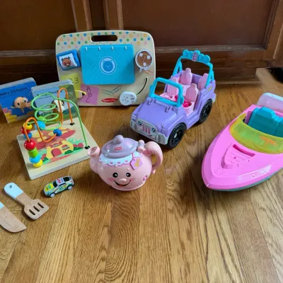 Collection Of Kids Toys Including Barbie Cruiser & Boat, Musical Teapot, Wooden Activity Station