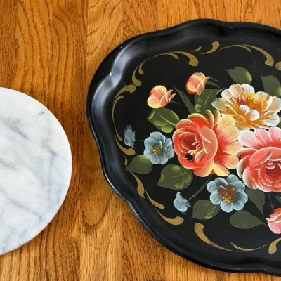 Mid Century Hand Painted Floral Serving Tray & Marble Dish