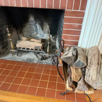 Traditional Brass Andirons, Fireplace Grate & Logs, & Black Wrought Iron Firewood Holder W/ Wood