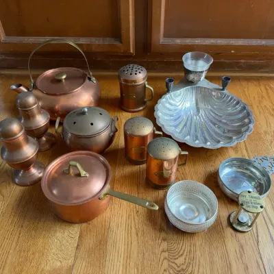 Vintage Copper & Silverplate Metalware Lot - Kettles, Shakers, Shell Dish