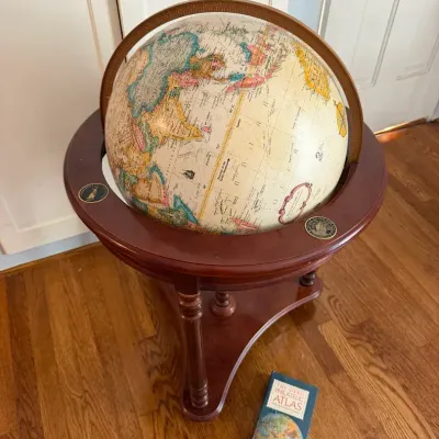 Classic World Floor Globe in Dark Wood Cradle Stand + Orbis Philatelic Atlas Book