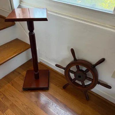 Vintage Nautical Decor Set: Wooden Pedestal Stand and Ships Wheel Accent Piece