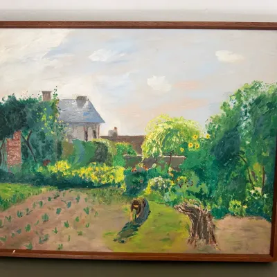 French Country Garden Landscape Wall Art - Cottage & Figure 20” X 16”