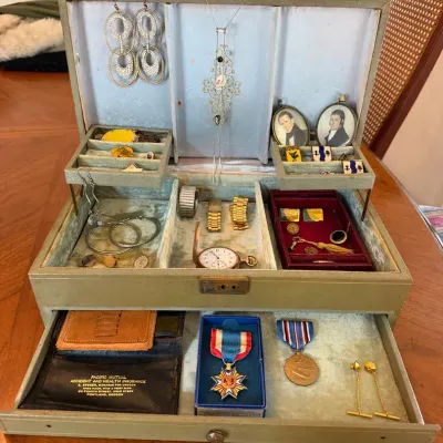 Vintage Jewelry Box Full Of Earrings, Pins, Pendants, And More