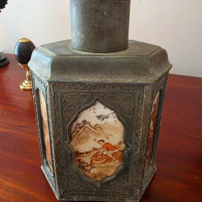Antique Chinese Hexagonal Pewter Tea Caddy with Reverse Painted Glass Panels