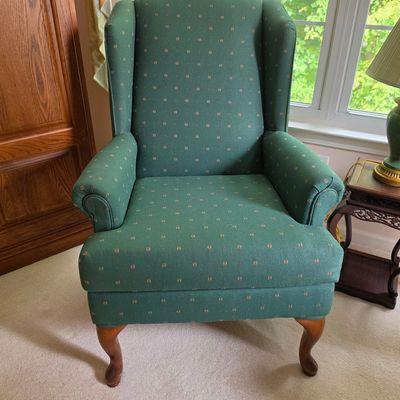 Traditional Green Floral Wingback Chair with Queen Anne Legs
